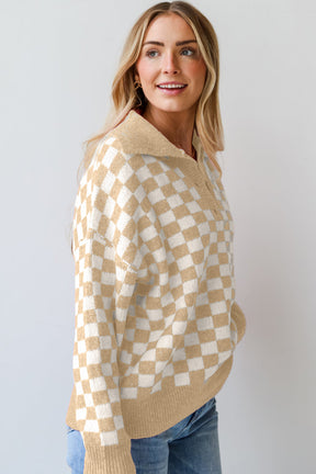 Checkered Collared Neck Long Sleeve Sweater-True and Wild