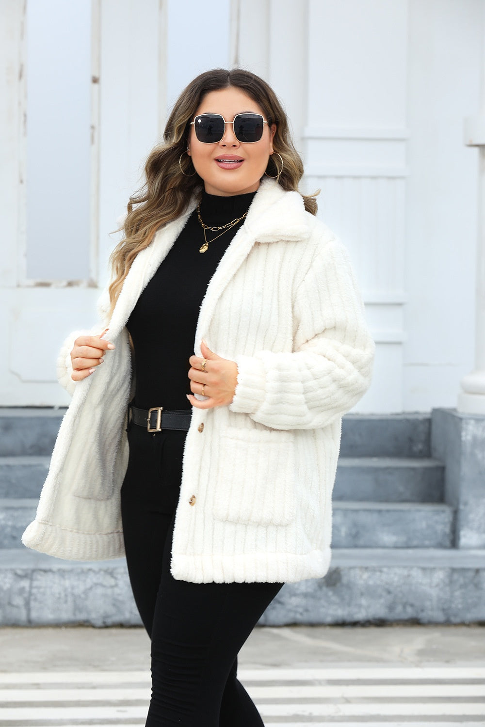 Plus Size Fuzzy Collared Neck Long Sleeve Jacket-True and Wild