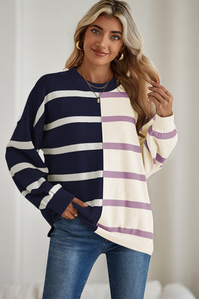 Light Beige Striped Colorblock Drop Shoulder Sweater-True and Wild