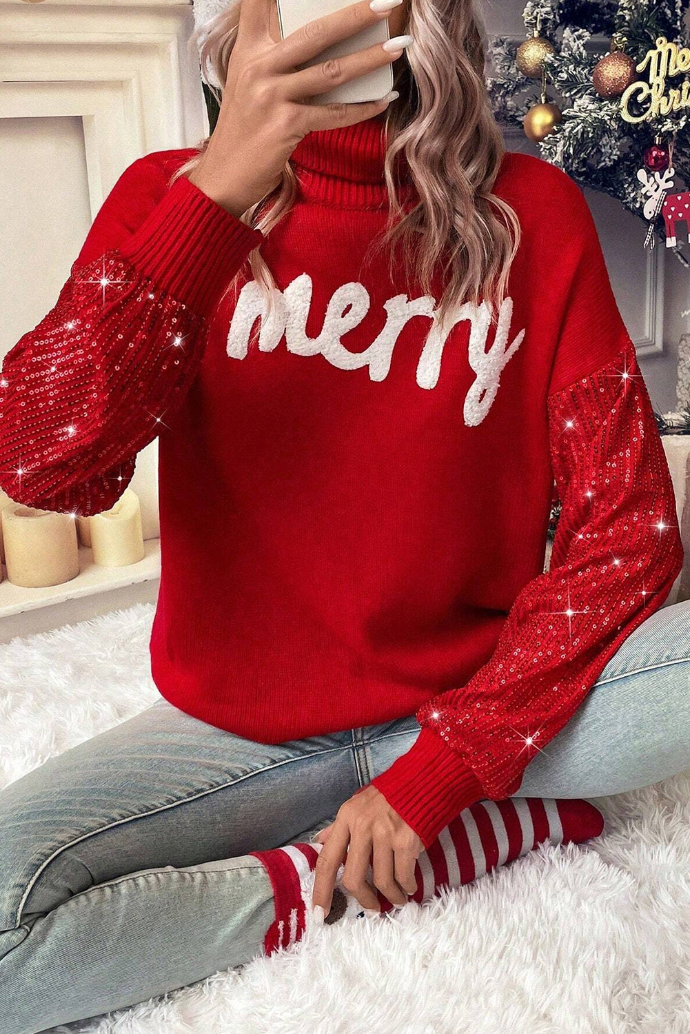 Racing Red Merry Graphic Sequin Sleeves Christmas Sweater-True and Wild