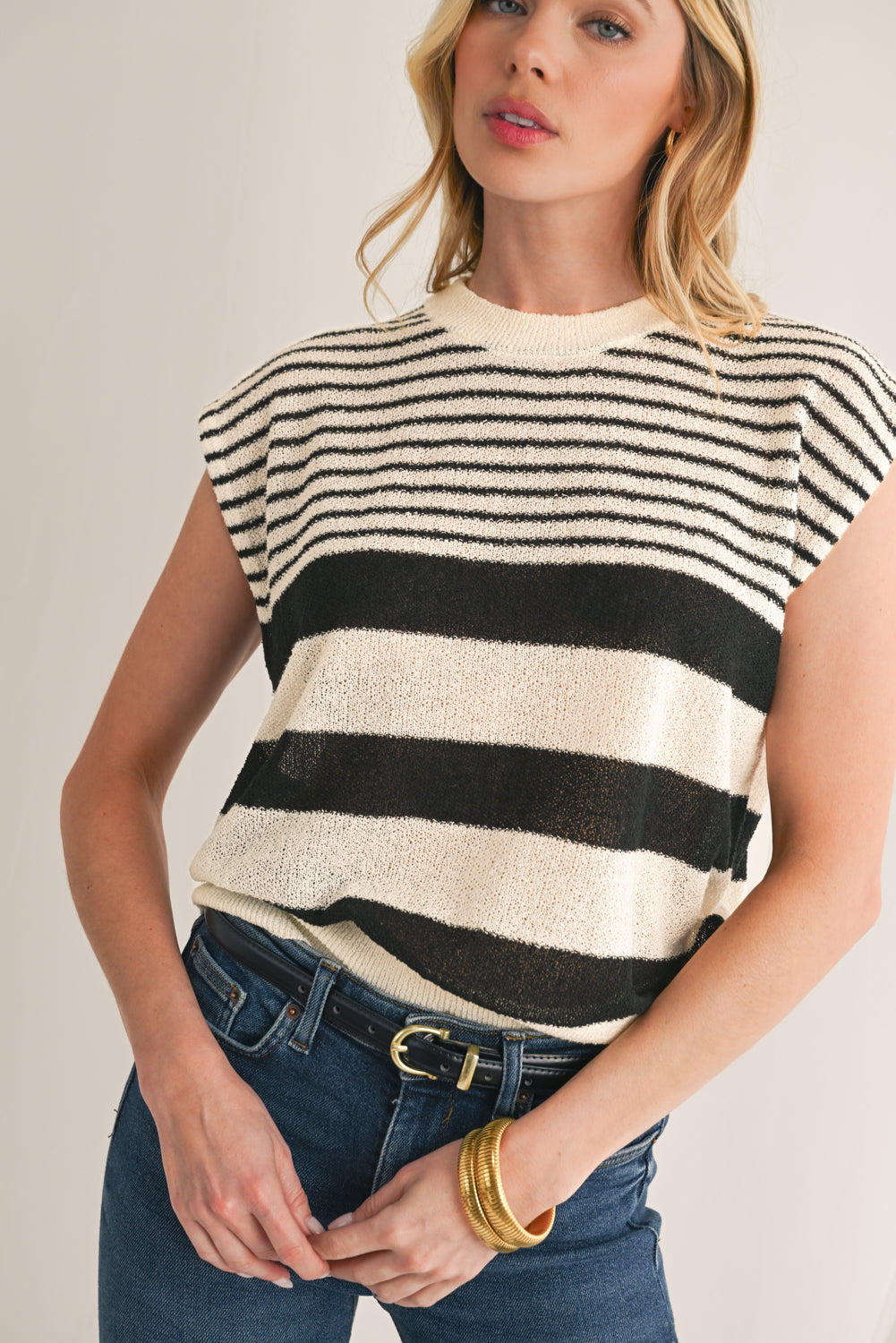 Black White Striped Sleeveless Knit Top-True and Wild