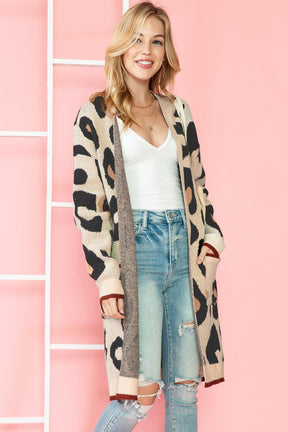 Leopard Print Open Front Pockets Midi Cardigan-True and Wild