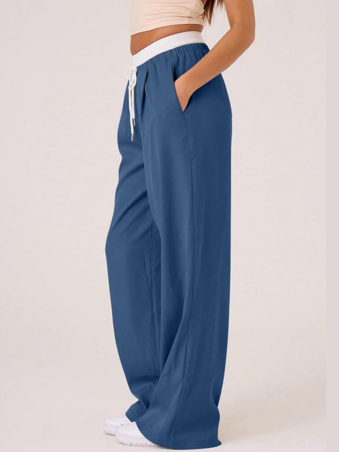 Contrast Waistband Drawstring Wide Leg Pants-True and Wild