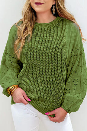 Eyelet Round Neck Drop Shoulder Sweater-True and Wild