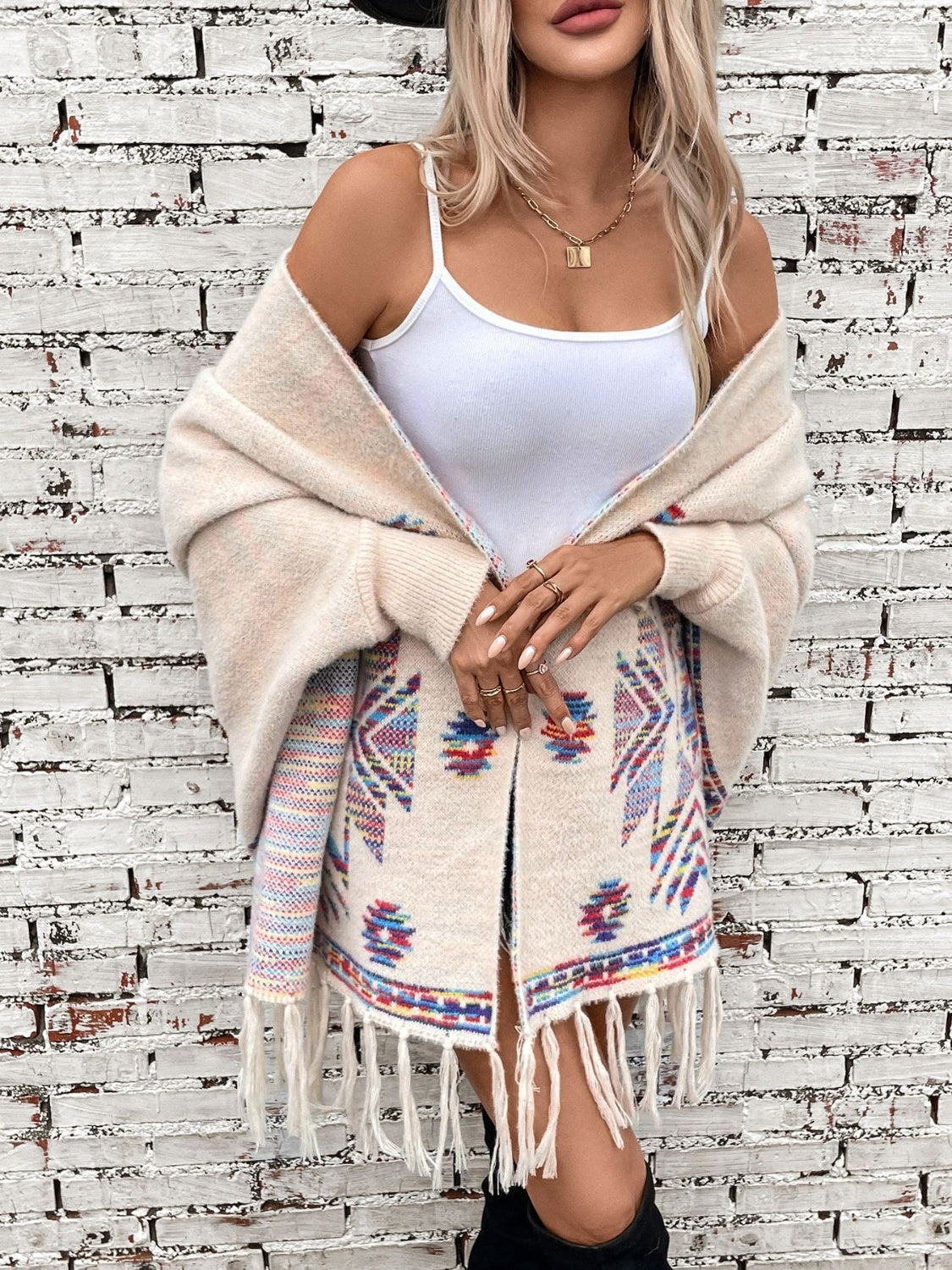 Fringe Geometric Open Front Long Sleeve Cape-True and Wild