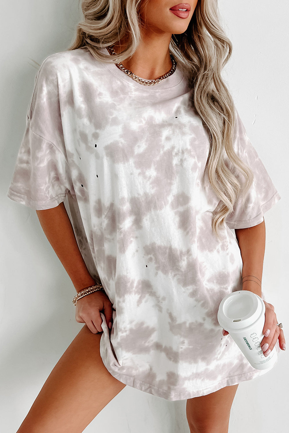 White Tie-dye Print Oversized Boyfriend T Shirt