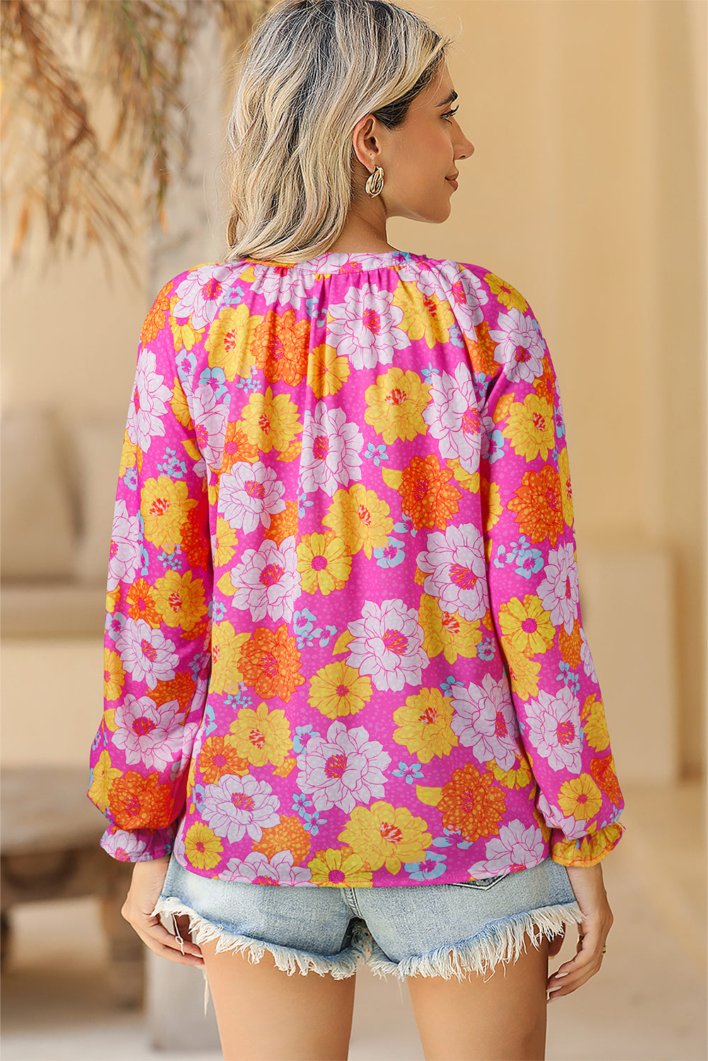 Rose Flower Print V Neck Relaxed Sleeve Blouse-True and Wild