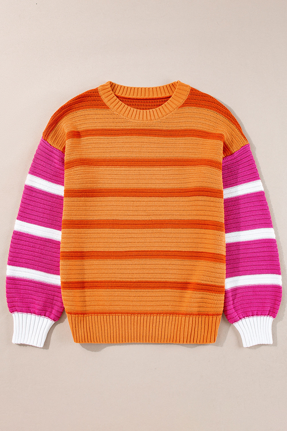 Orange Striped Colorblock Puff Sleeve Sweater-True and Wild