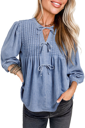 Myosotis Denim Bow Tie Pleated Puff Sleeve Top-True and Wild