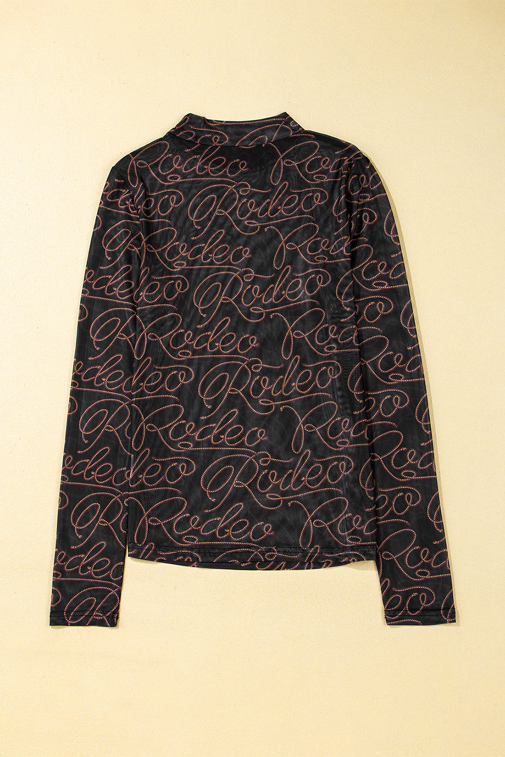 Black Letter Print Mock Neck Long Sleeve Mesh Top-True and Wild