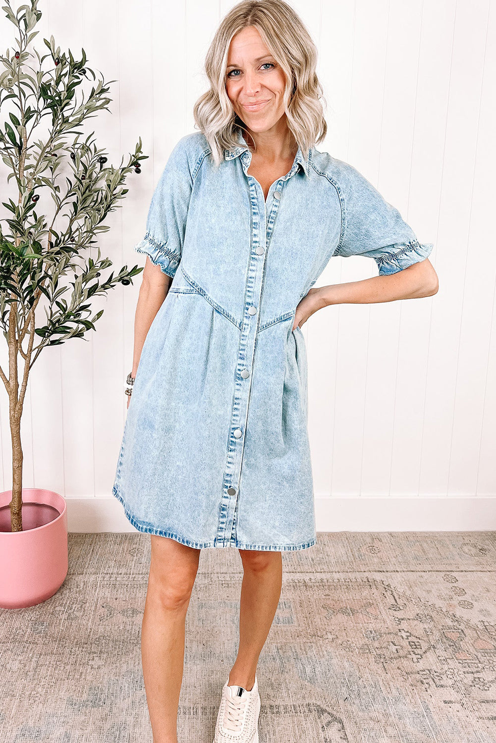 Blue Mineral Washed Ruffled Short Sleeve Pocketed Denim Dress-True and Wild