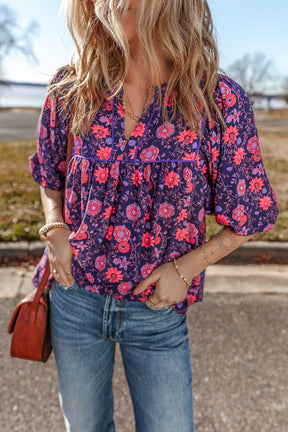 Purple Floral Puff Half Sleeve Split Neck Blouse-True and Wild