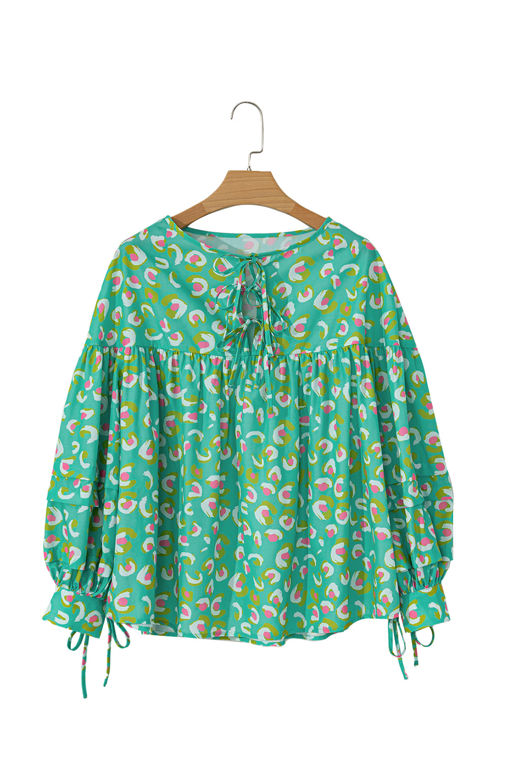 Green Abstract Print Lace-up Neck Lantern Sleeve Babydoll Blouse-True and Wild