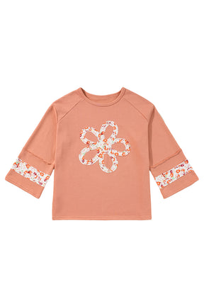 Grapefruit Orange Flower Exposed Seam Patchwork Loose Top-True and Wild