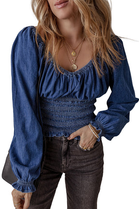 Dark Blue Smocked Ruffle Puff Sleeve V Neck Denim Top-True and Wild