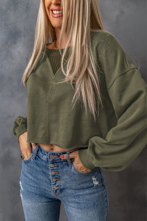 Green Casual Drop Shoulder Cropped Sweatshirt-True and Wild