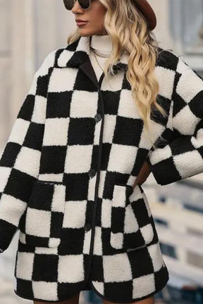 Black Checkered Side Pockets Collared Buttoned Fleece Jacket-True and Wild