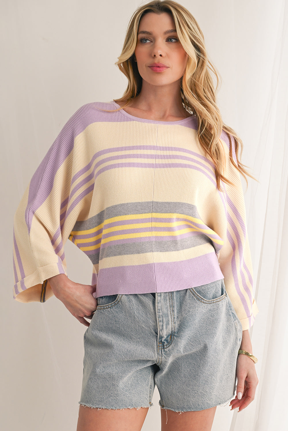 Purple Striped Rib-Knit Cropped Top-True and Wild