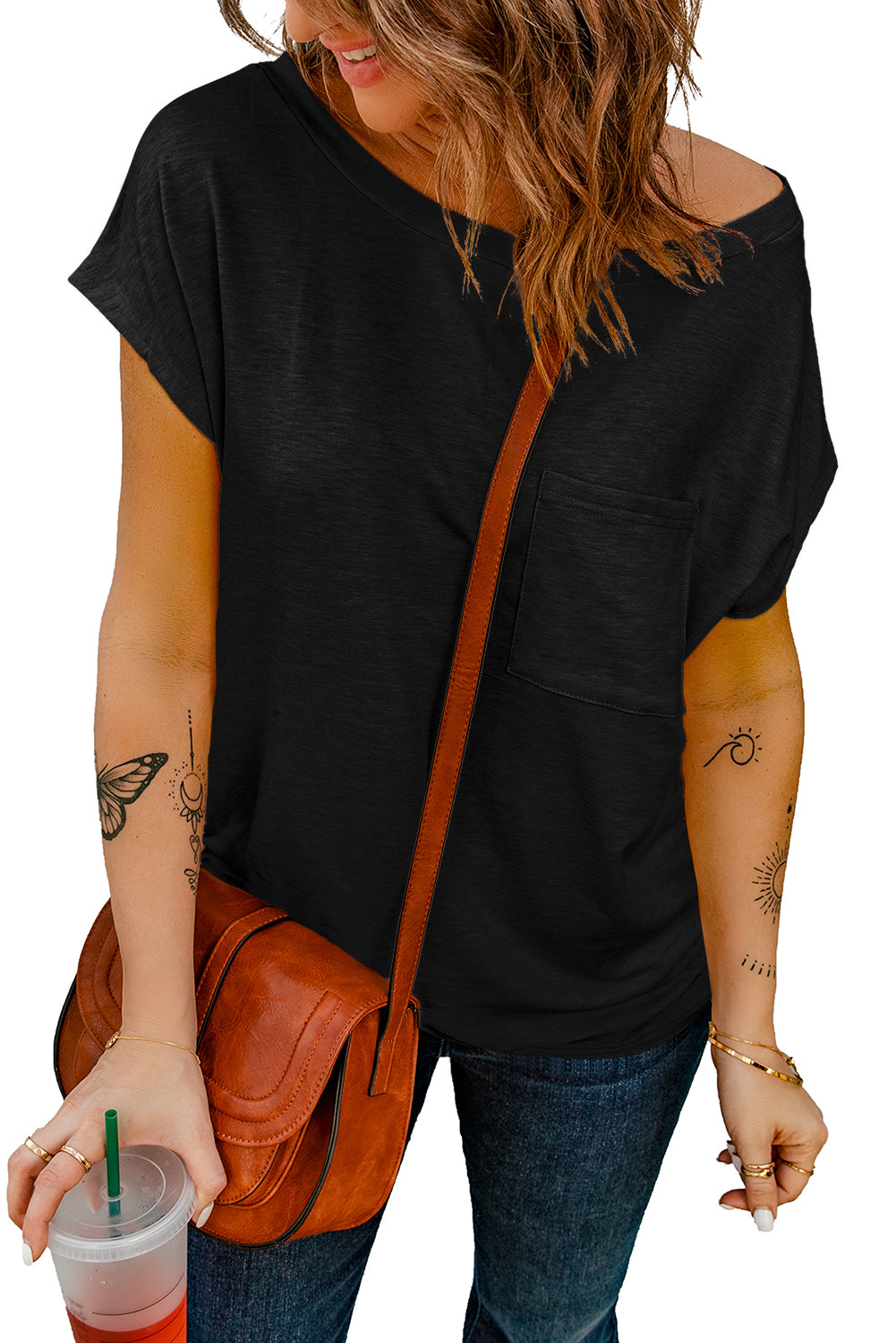 Black Short Sleeve Basic T Shirt with Patch Pocket-True and Wild