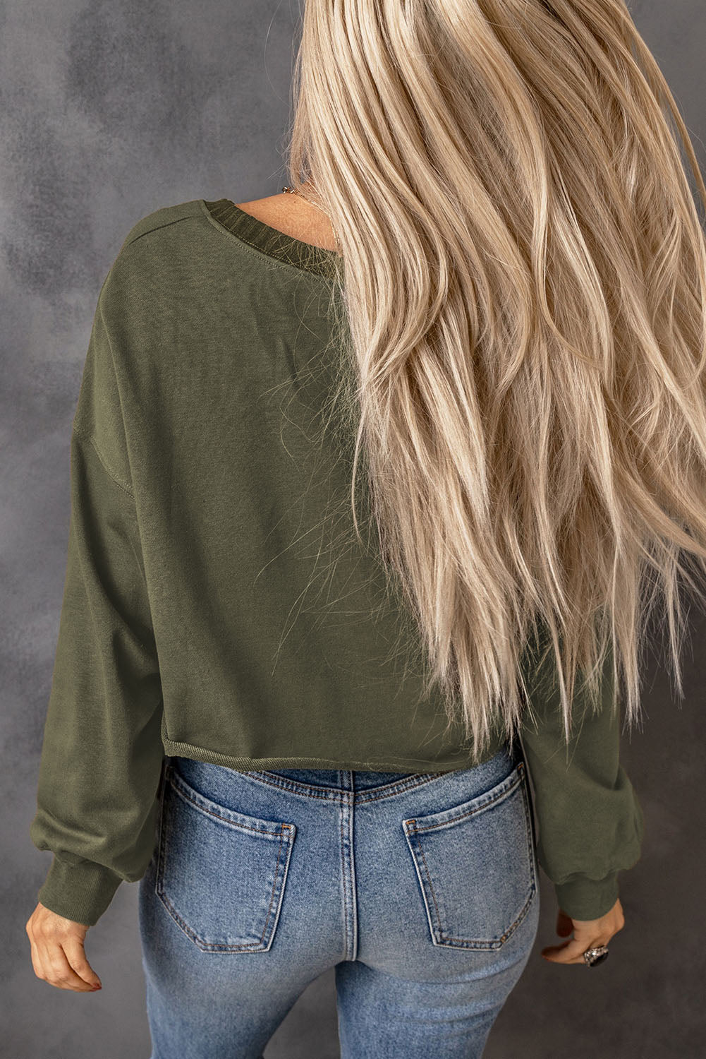 Green Casual Drop Shoulder Cropped Sweatshirt-True and Wild