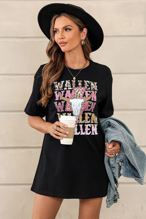 Black WALLEN Letter Print Animal Graphic Oversized Tee-True and Wild