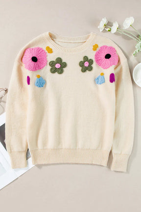 Plus Size Crochet Flower Round Neck Long Sleeve Sweater-True and Wild