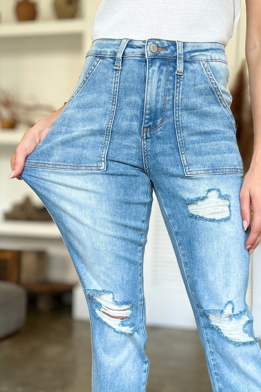 Judy Blue Full Size Distressed Straight Jeans with Patch Pockets-True and Wild