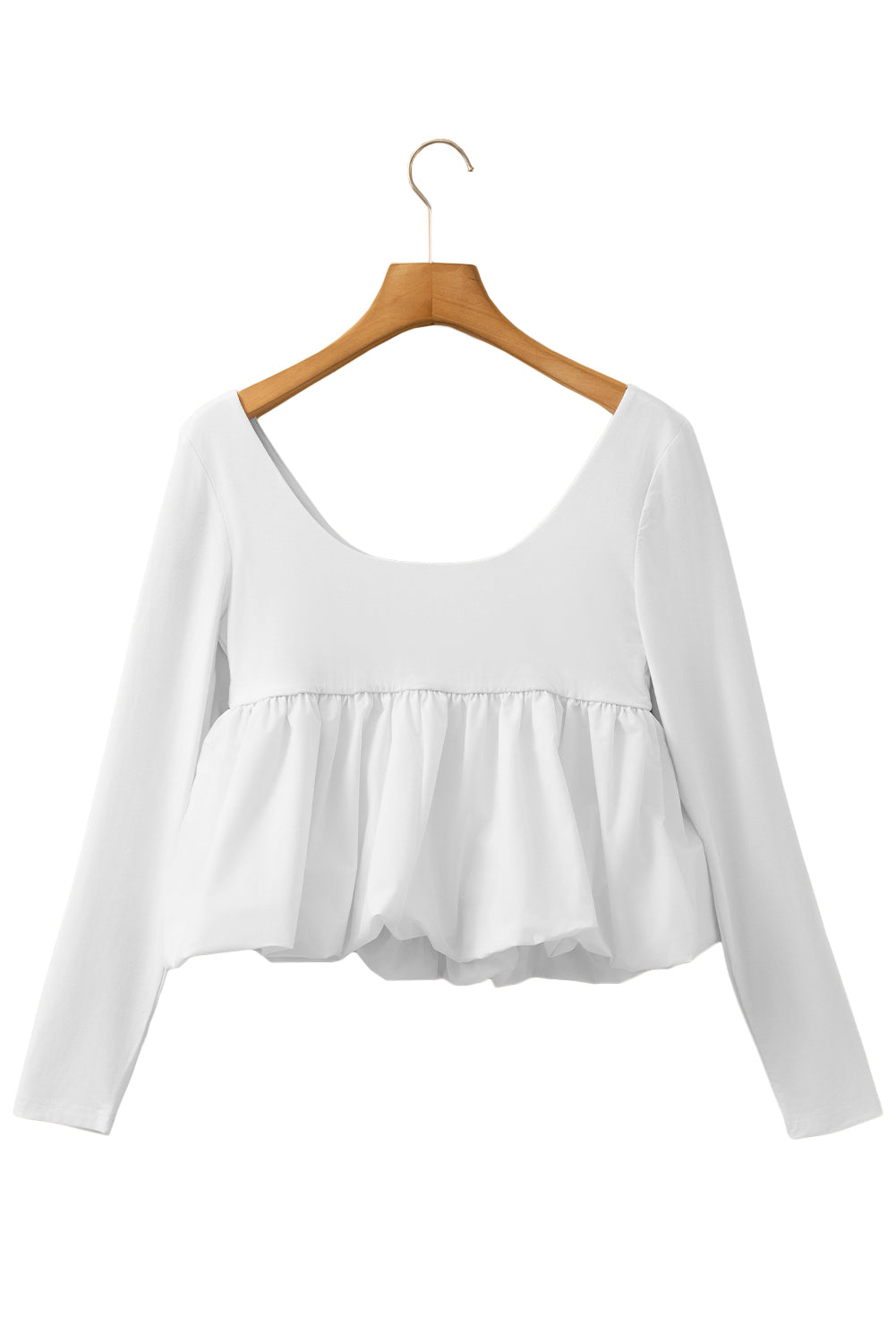 White Elegant Scoop Neck Bubble Hem Long Sleeve Top