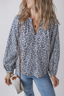 Blue Floral Print Notched V Neck Puff Sleeve Blouse-True and Wild