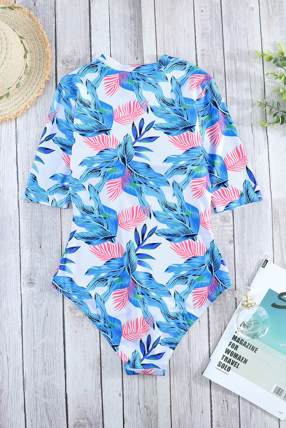 Blue Plant Print Zip Front Half Sleeve One Piece Swimsuit