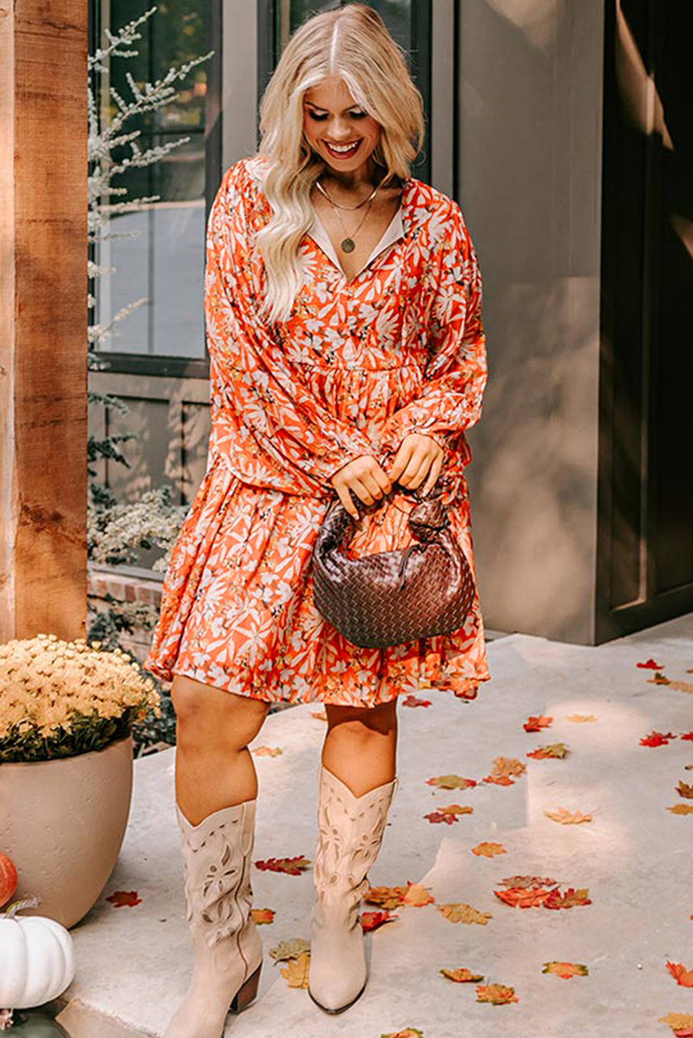 Orange Floral Print Split V Neck Bubble Sleeve Plus Size Midi Dress-True and Wild