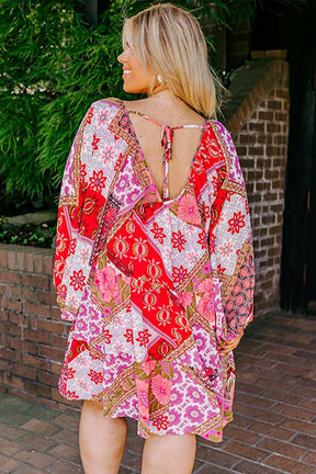 Rose Floral Patchwork Long Sleeve V Neck Lace-up Back Plus Size Dress-True and Wild