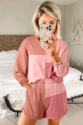 Peach Blossom Colorblock Long Sleeve Top & Pocketed Shorts Set-True and Wild