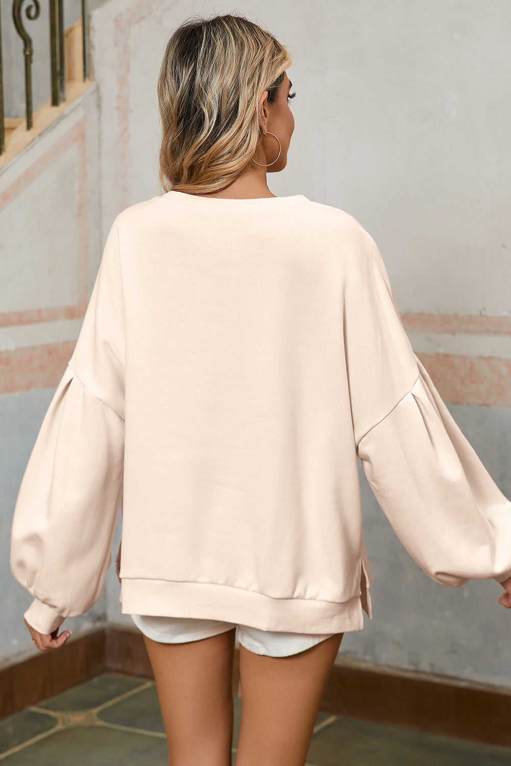 Light Pink Sweet Bow Lantern Sleeve Oversized Pullover Sweatshirt-True and Wild