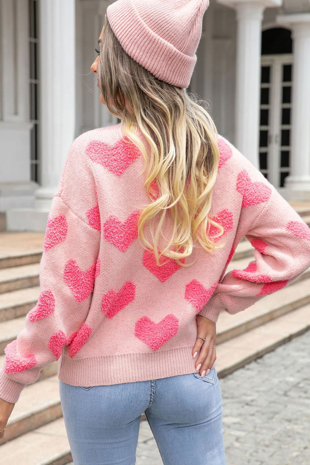 Light Pink Valentines Day Heart Jacquard Knit Sweater-True and Wild