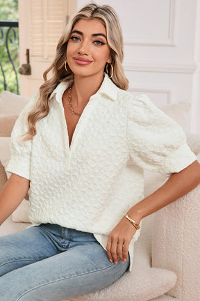 White V Neck Collared Texture Puff Sleeve Top