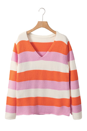 Orange Casual Stripe V Neck Side Slit Sweater-True and Wild