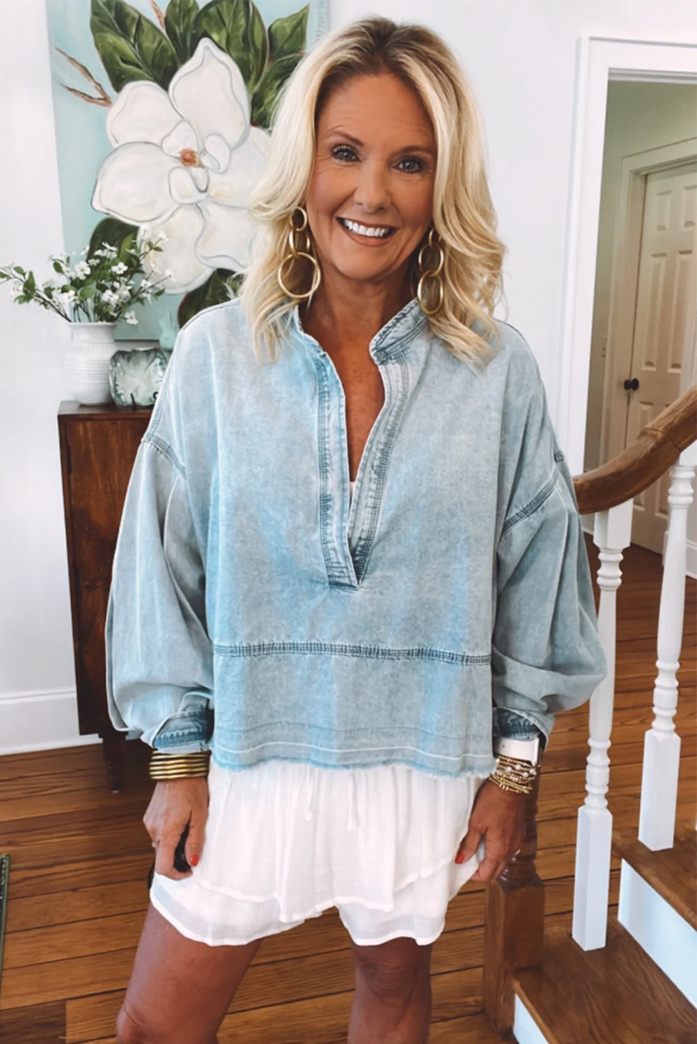 Beau Blue Light Wash Puff Sleeve V Neck Denim Blouse-True and Wild