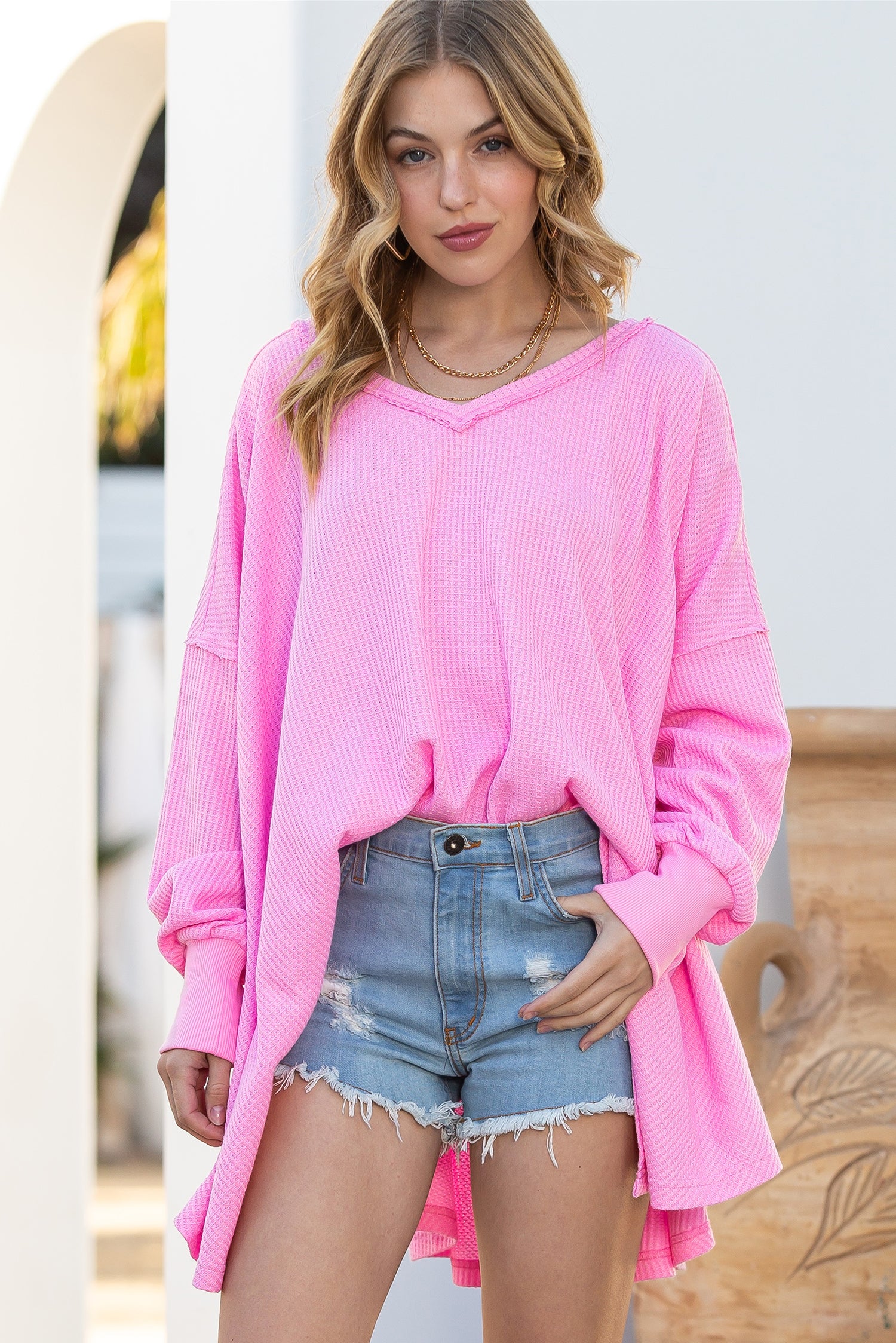 Pink Waffle Textured V-Neck Oversized Top-True and Wild