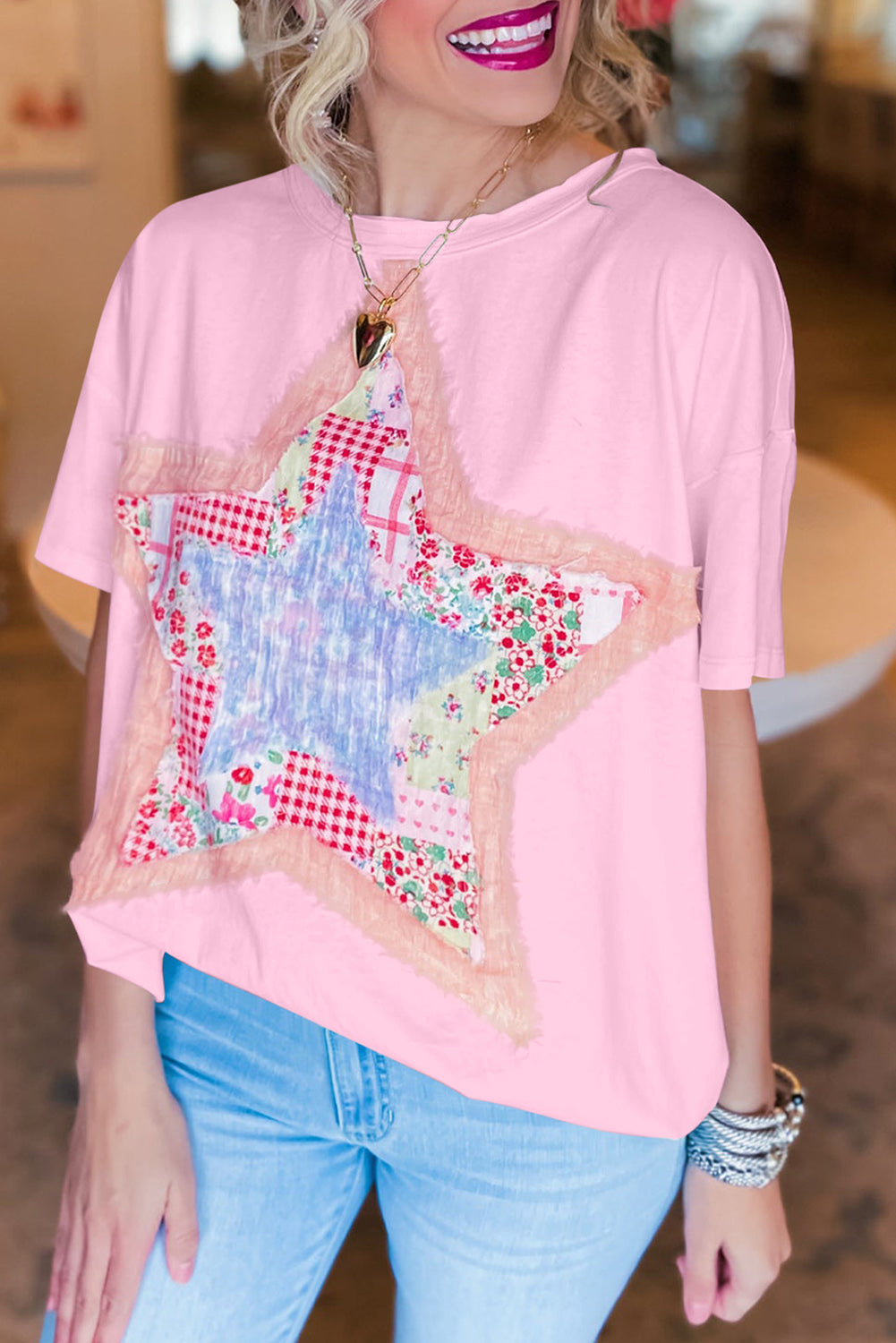 Pink Vibrant Star Patchwork Loose T-shirt-True and Wild