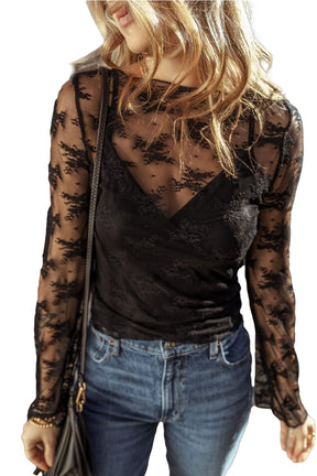 Black Mesh Crochet Splicing Slim Fit Long Sleeve Blouse-True and Wild