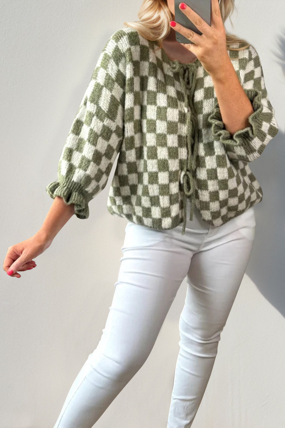 Double Take Tied Checkered Dropped Shoulder Flounce Sleeve Cardigan-True and Wild