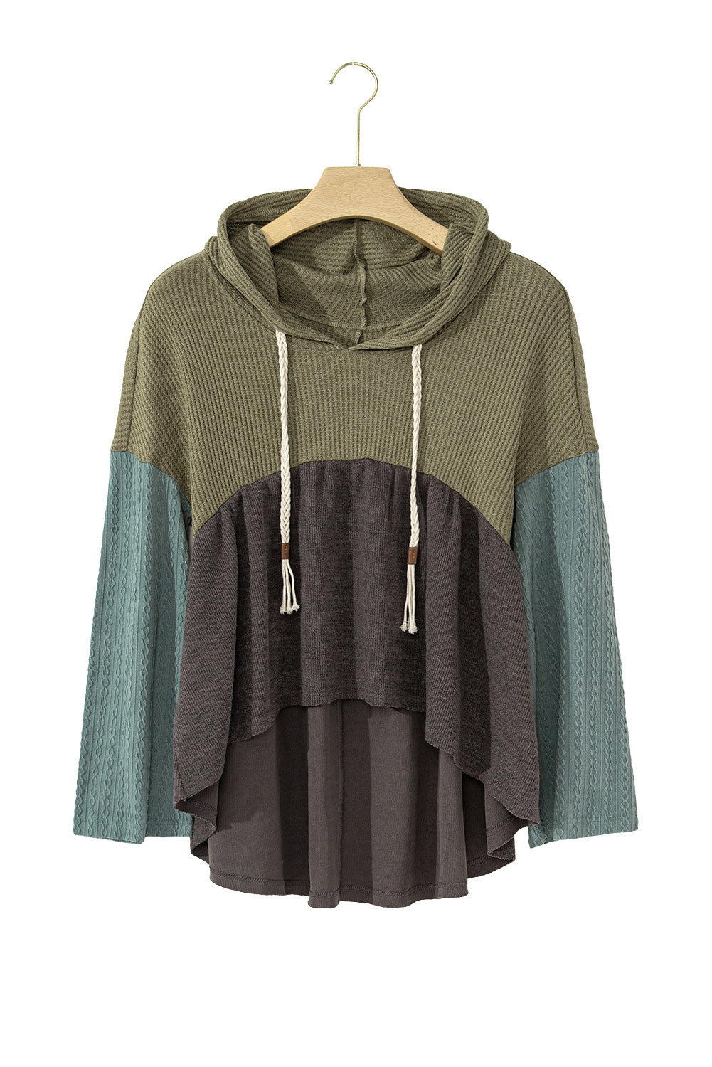 Laurel Green Waffle Knit Patchwork Drawstring Hooded Top-True and Wild