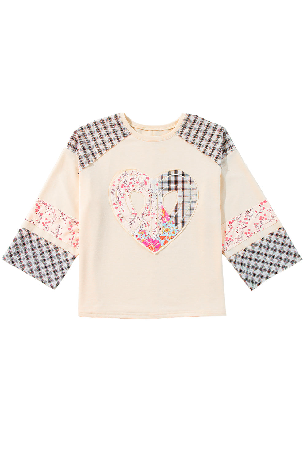 Aqua Plaid Floral Patchwork Heart Long Sleeve Top-True and Wild