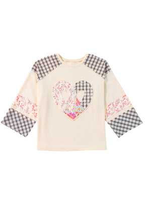 Aqua Plaid Floral Patchwork Heart Long Sleeve Top-True and Wild