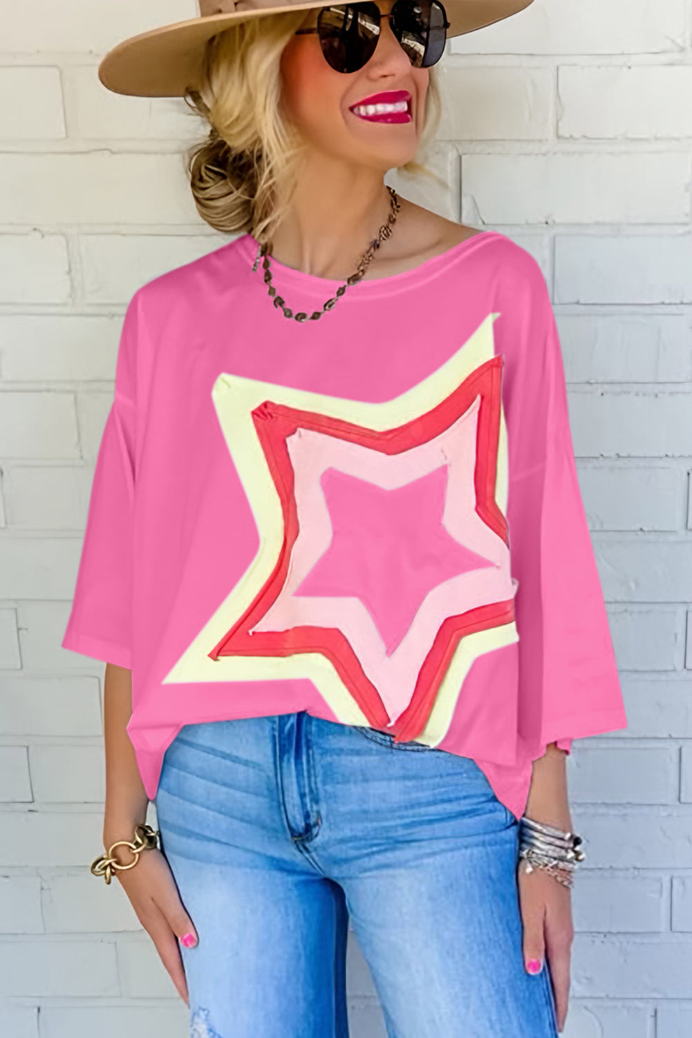 Moonlight Jade Colorblock Star Patched Half Sleeve Oversized Tee-True and Wild