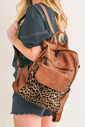 Coffee Leopard Patchwork PU Leather Functional Backpack-True and Wild