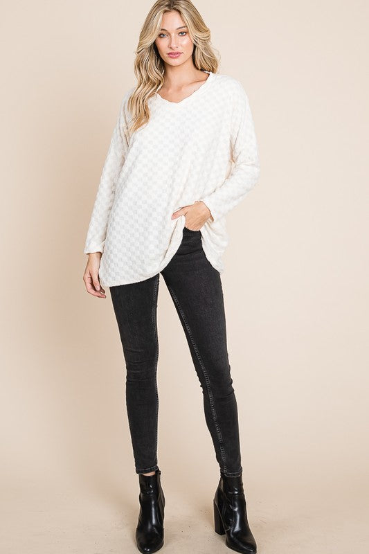 BOMBOM Checkered Long Sleeve V-Neck T-Shirt