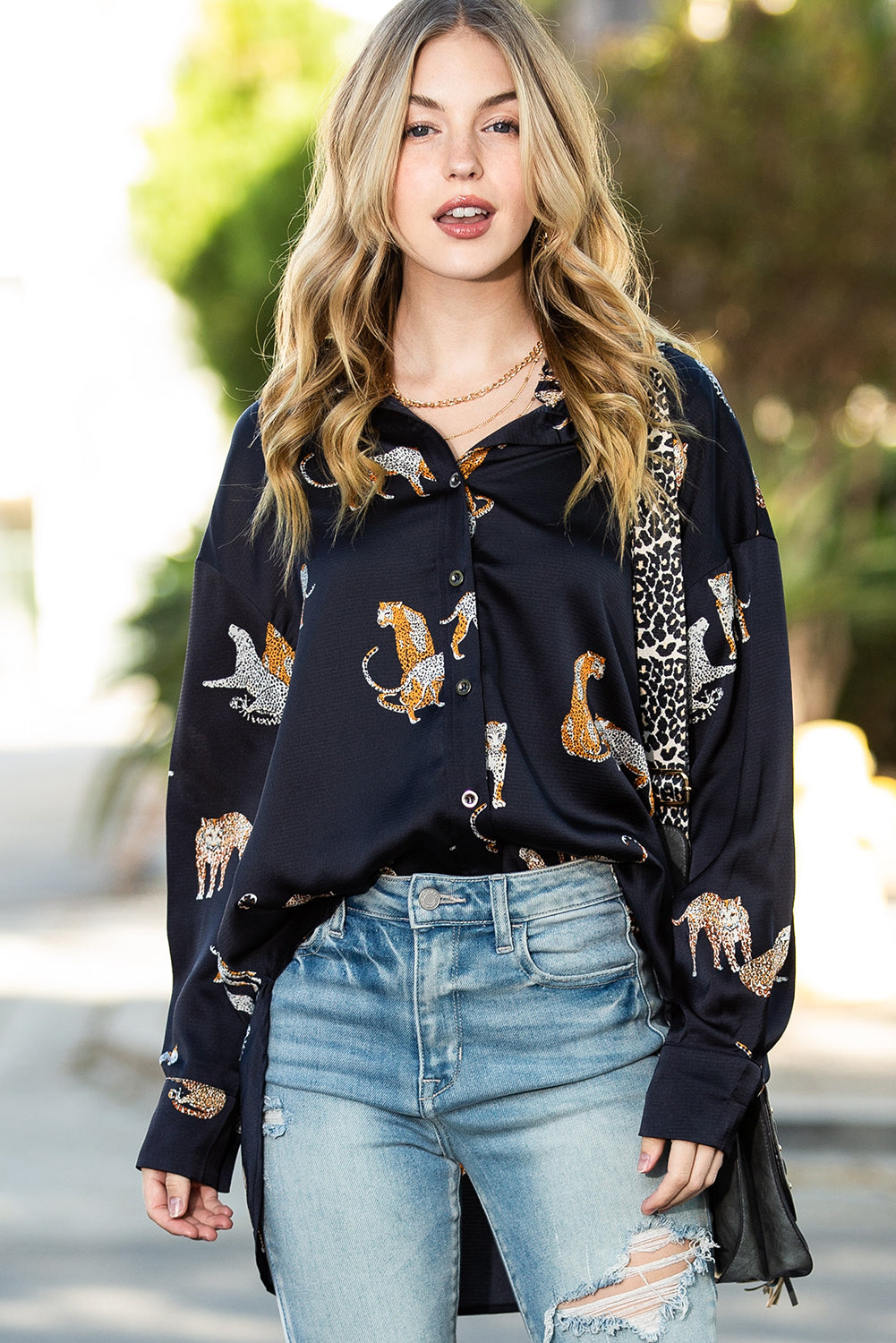 Black Animal Print Button Up Satin Shirt-True and Wild