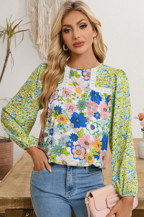 Green Bubble Sleeve Lace Detail Mixed Floral Blouse-True and Wild